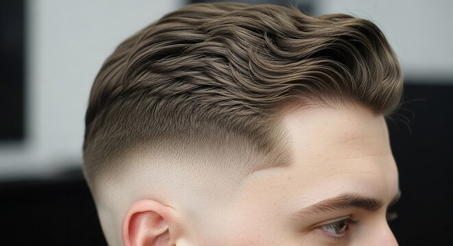 Close-up of a modern men's haircut featuring a clean skin fade on the sides and back with wavy, styled hair on top.
