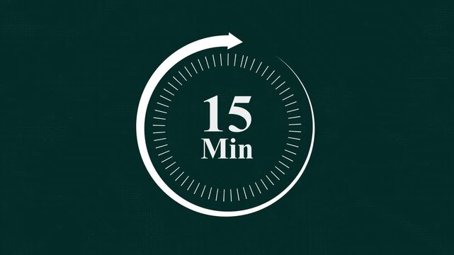 15 minute timer countdown clock with circular progress indicator on dark digital background for business presentations productivity tracking time