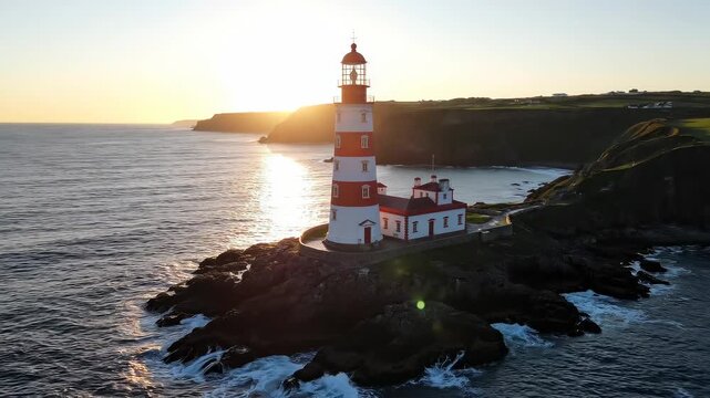 Aerial view of a red and white striped lighthouse standing majestically on rocky cliffs overlooking the ocean at sunset