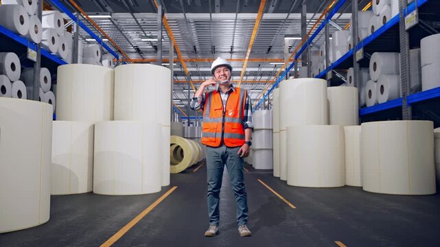 Full Body Of Asian Male Engineer With Safety Helmet Smiling To Camera And Making Call Me Gesture While Standing at Warehouse with Rows of Stacked White Polymer and Paper Rolls