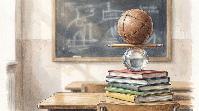 A basketball and a pencil balanced on a glass globe, stacked on top of several books, which are on a school desk, with a blackboard in the background.