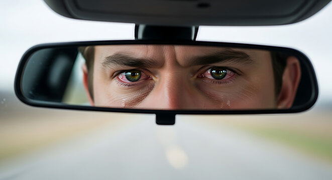 A close-up reflection in a car's rearview mirror showing a man's tired, bloodshot, and watery eyes.