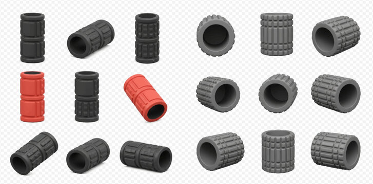Set of black and red rubber bicycle handlebar grips isolated on transparent background.