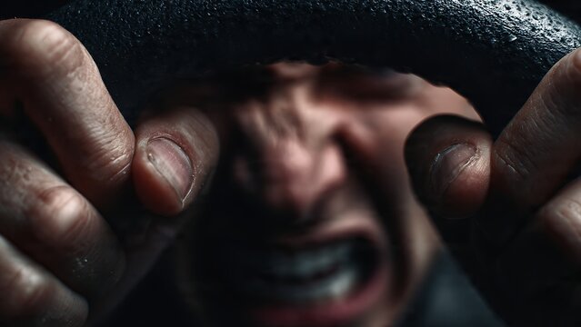 An extreme close-up focusing on a driver's hands gripping the steering wheel tightly and a blurred face with a screaming expression of rage.