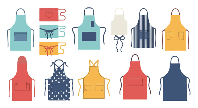 Collection of Colorful Kitchen Aprons Vector Illustration for Cooking Baking and Professional Workwear Pinafore Set with Pockets and Patterns