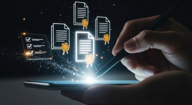 Hand using a stylus on a smartphone screen to digitally manage and sign official documents with golden seals.