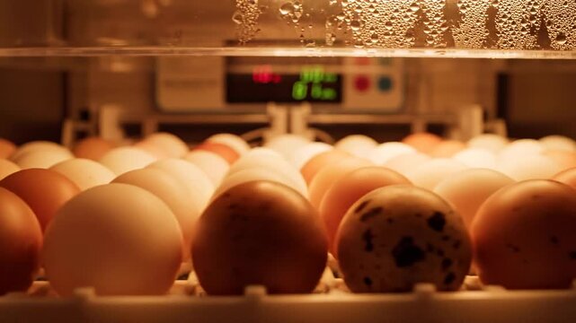 Close-up view of a modern egg incubator filled with various eggs, displaying temperature and humidity settings for optimal incubation