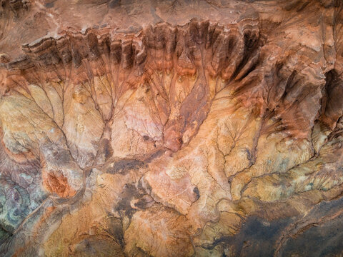 Aerial view of Danxia landform natural scenery in Huoyun Valley, Turpan, stunning red rock canyon landscape, Xinjiang, China