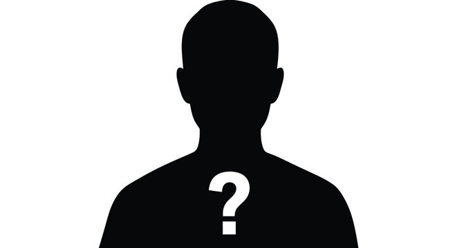 Black silhouette of a person's head and shoulders with a question mark on their chest