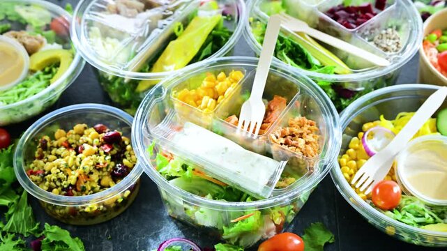 Plastic boxes with pre-packaged vegetable salads. Convenience food