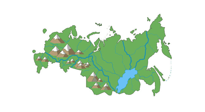 Map of Russia with Mountains and Rivers, Geographic Illustration for Travel and Education