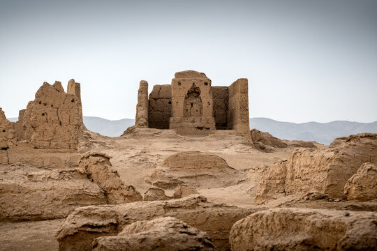 Ancient ruins of Jiaohe Ruins in Turpan, desolate old city remains in the Gobi desert, Xinjiang, China