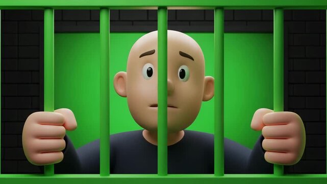 Bald prisoner looking through iron bars 3D animation