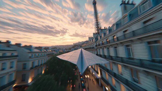 Dynamic aerial footage of a paper airplane gliding over a Paris boulevard at golden hour, with Haussmann buildings, traffic and the Eiffel Tower visible in the distance