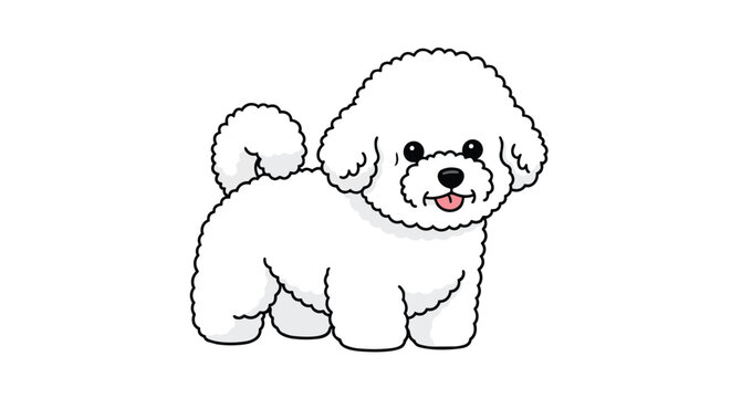 Cute Fluffy White Bichon Frise Dog Vector Illustration - Small Happy Puppy Cartoon Character Standing Isolated on White Background