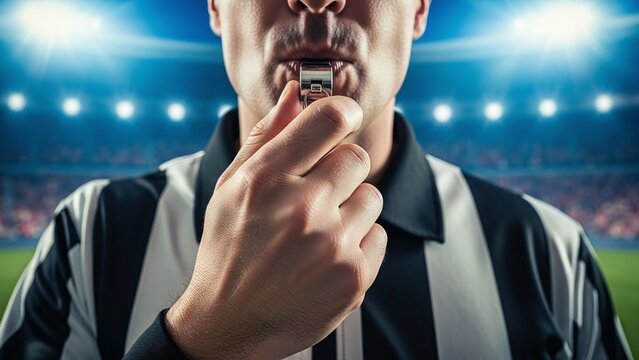 Football referee blowing whistle to control match action during Brazil World Cup game