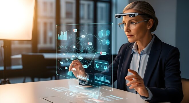 Professional businesswoman using holographic AR glasses interacts with futuristic data visualization on a transparent screen in an office.