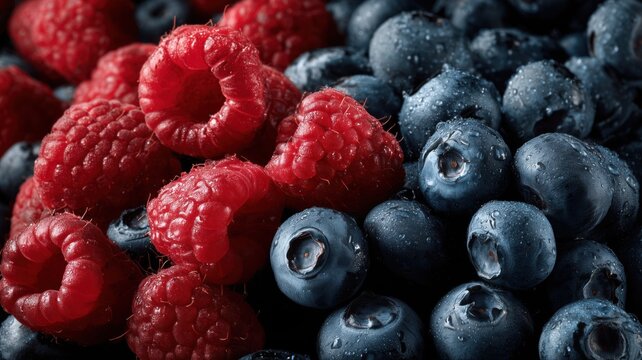 赤いラズベリーと青いブルーベリーが水滴で濡れている状態。新鮮なベリーの食材や健康的な料理シーンに最適な素材