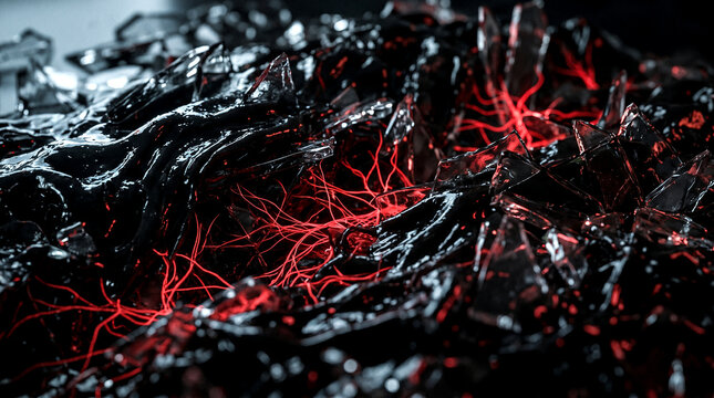 Abstract macro shot of dark organic matter with red veins.
