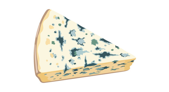 Gourmet blue mold cheese slice vector illustration, isolated triangular wedge of roquefort or gorgonzola for food and restaurant design