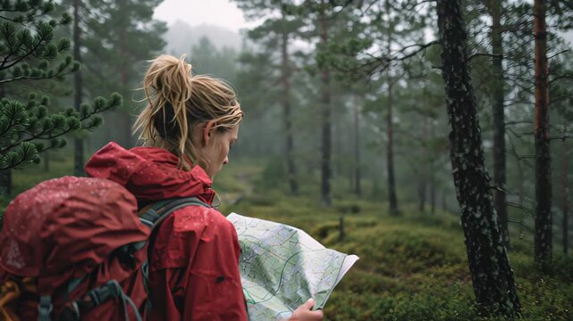 Side view of a woman trekker in red rain jacket holding a paper map on a wet trail in foggy conifer woodland, outdoor navigation and adventure travel concept