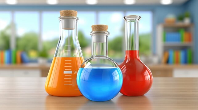 Three laboratory flasks with colorful liquids on a wooden table, science and education concept