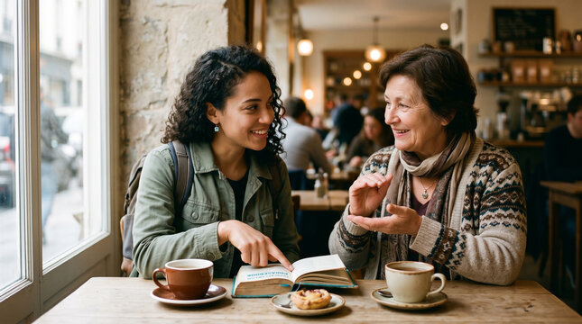 Traveler and local communicating with phrasebook at cozy caf&eacute; table, language barrier connection, authentic cultural exchange with warm window light