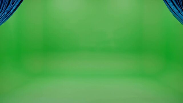 Lush cyan curtains partially opened to reveal a vibrant green backdrop, creating an inviting and theatrical atmosphere