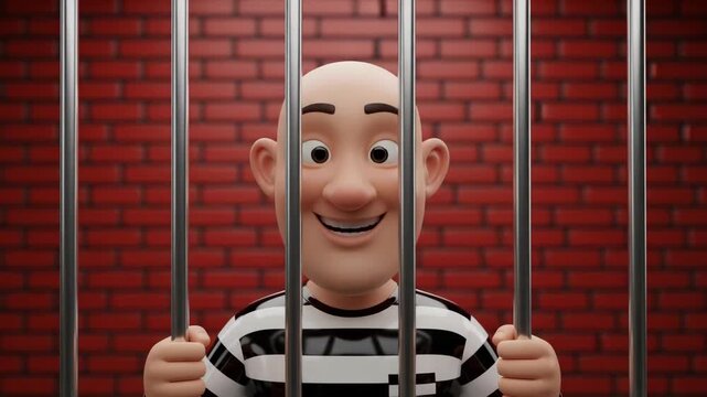 Smiling prisoner looking through jail cell bars