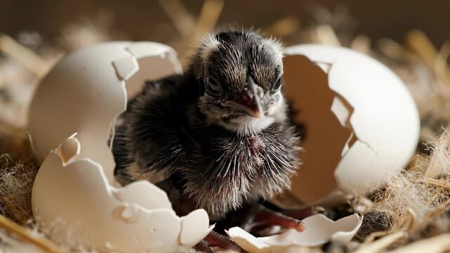 A newly hatched chick emerging from its eggshell, surrounded by straw and a warm, muted background