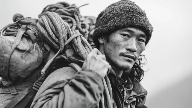 Black and white portrait of sherpa mountaineer in expedition gear. Strong expression conveys endurance, travel, exploration and life in extreme mountain environments.