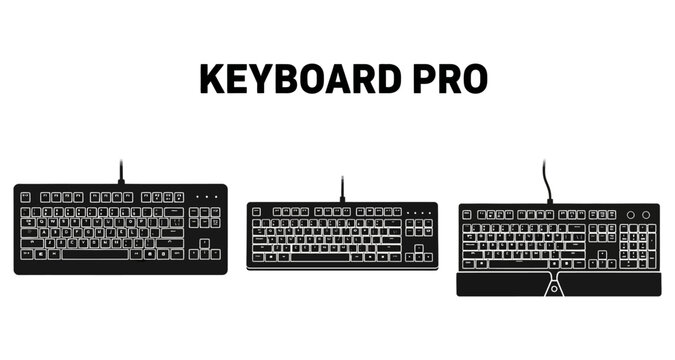 Computer keyboards in silhouette against a white background for technology concepts