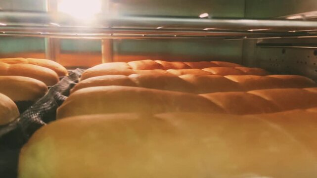 Close up of artisan submarine sandwich rolls rising and browning inside professional oven