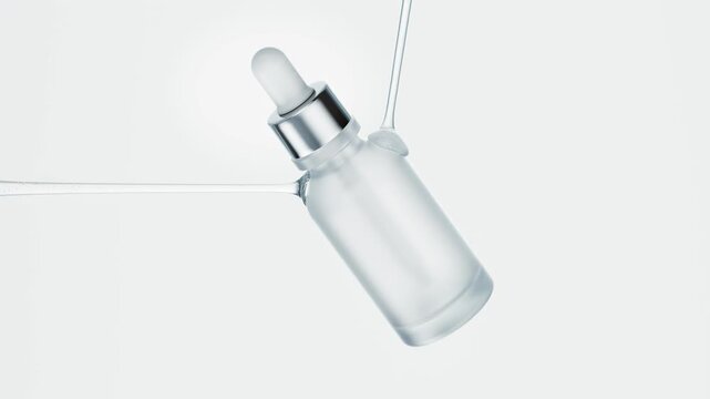 Minimalist frosted glass dropper bottle suspended in a clear viscous serum with delicate bubbles, showcased on a soft white background for skincare and cosmetic branding. 3D render