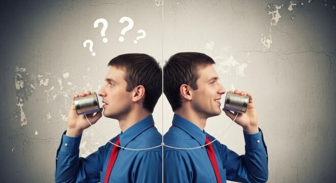 Two businessmen communicate using tin cans connected by a string against a grey wall.