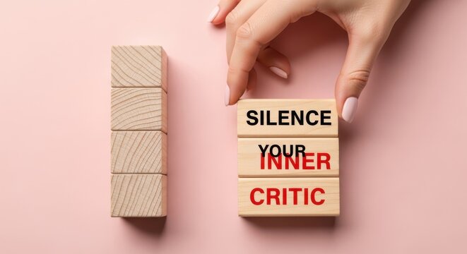 Female hand stacks wooden blocks featuring a motivational message about overcoming self-doubt.