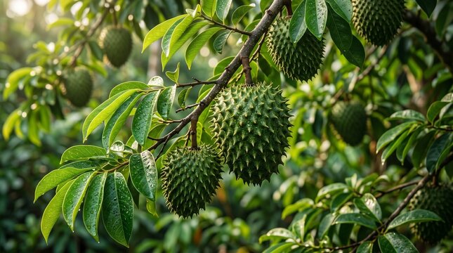 Vibrant green soursop fruits, also known as graviola or guanabana, hang ripe on a tropical tree branch, showcasing nature's bounty and healthy exotic produce in a lush natural environment