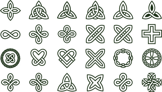 Collection of dark green Celtic knot line art icons including triquetra infinity heart and cross symbols for branding and spiritual design.