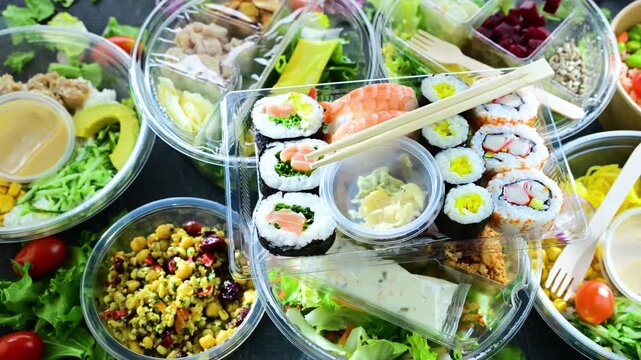 Plastic boxes with pre-packaged meals