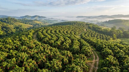 Fototapeta premium Lush green agricultural landscape with perfectly organized rows of trees on rolling hills, bathed in the soft glow of a serene morning, symbolizing growth and harvest