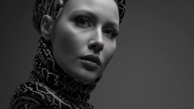 Dramatic studio footage of a fashion model with a python wrapped around her head and neck, monochrome lighting and copy space, concept of danger, beauty and power