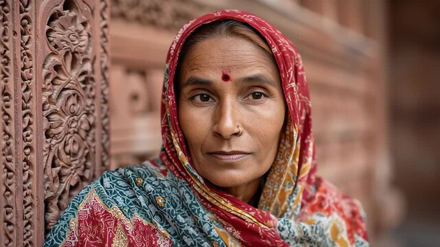 Cinematic close-up footage of an Indian woman wearing a patterned sari and headscarf with bindi, leaning by carved stone wall, calm expression, shallow depth of field