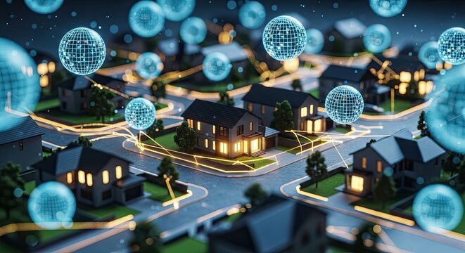 A nighttime scene of a suburban neighborhood with glowing houses and blue orbs floating above the streets and homes.