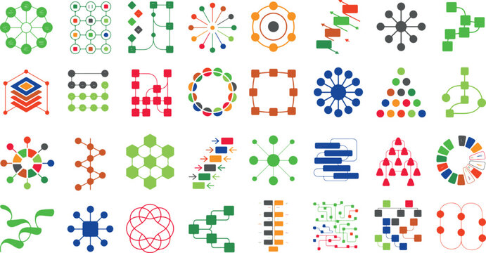 Collection of various colorful flowchart and diagram graphic design elements on white background for business and technology concepts