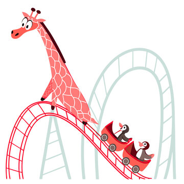 Giraffe and Penguins Riding a Red Roller Coaster