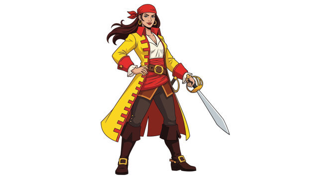 Female Pirate Captain with Sword, Yellow Coat and Red Bandana