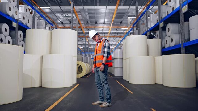 Full Body Side View Of Asian Male Engineer With Safety Helmet Having A Headache While Working at Warehouse with Rows of Stacked White Polymer and Paper Rolls