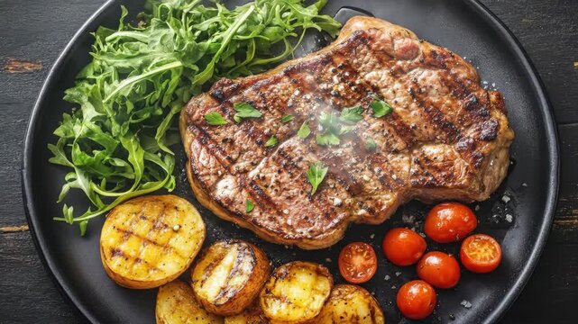 Freshly cooked grilled steak with roasted potato and arugula salad garnished with tomatoes, food animation