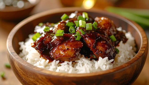 Chicken adobo in rustic wooden bowl with steamed white rice, glossy sauce and chopped green onions, appetizing Filipino cuisine. Tasty food.