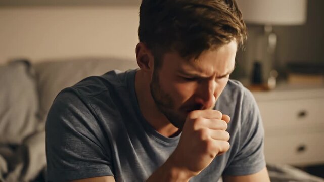 A young man with a concerned expression covers his mouth while sitting on a bed in a dimly lit room, suggesting discomfort or health issues